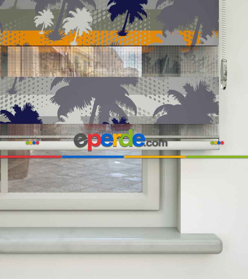 Palmiye Desen Baskılı Zebra Perde- Lacivert-gri-füme-antrasit-turuncu