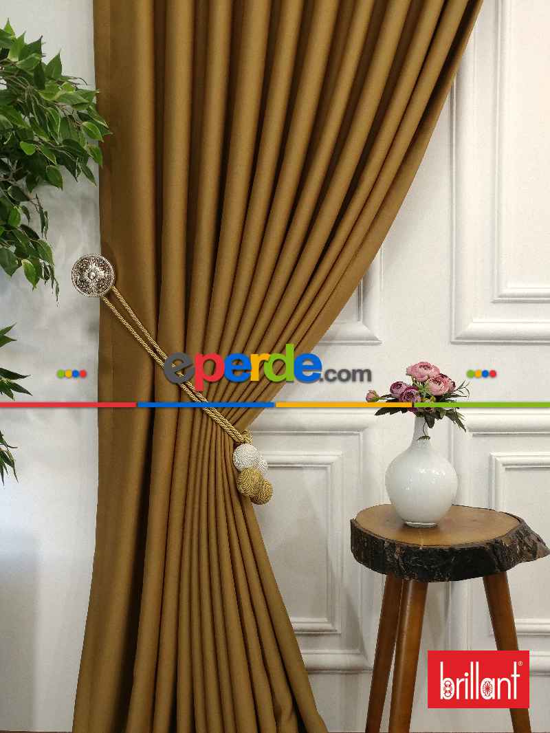 %90 Brillant Karartma Blackout Hardal Sarısı Renk Fon Perde- Kahve Açık-hardal Sarısı