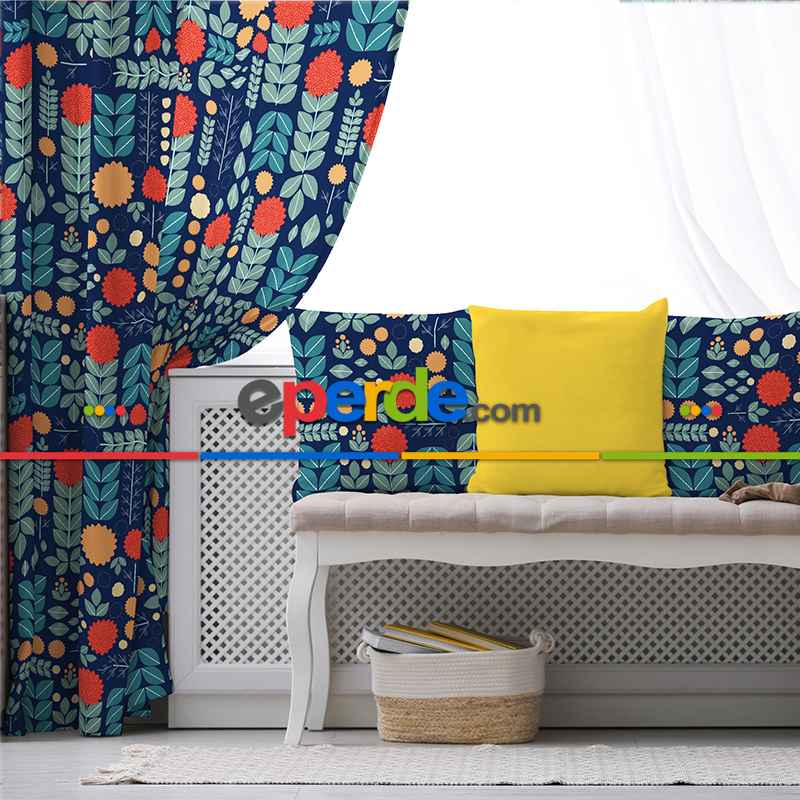 Etnik Fon Perde Evim1554 Kumaşı Kalındır Duck Bezi Değildir- Mavi-beyaz