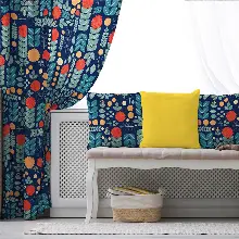 Etnik Fon Perde Evim1554 Kumaşı Kalındır Duck Bezi Değildir- Mavi-beyaz