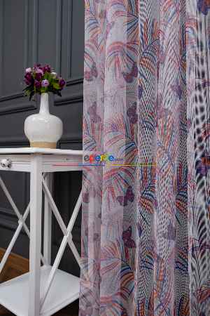 Hazır Ölçülü Petek Zemin Mor Turuncu Ve Mavi Renkli Yaprak - Kelebek Desenli Grek Baskılı Tül Perde