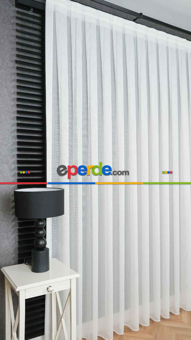 Exculusive Ekru Simli Çizgili Tül Perde Stripe