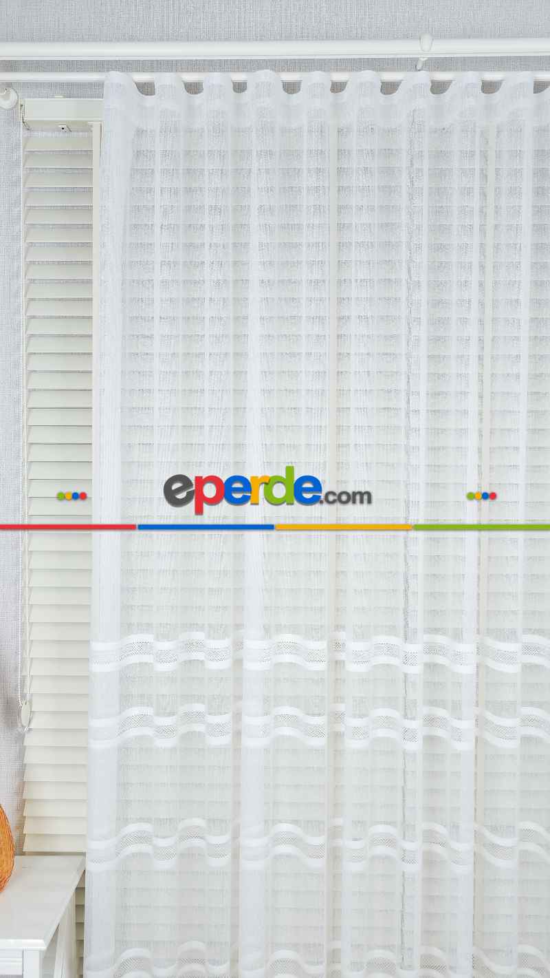 Ekru Çizgili Enine Bantlı Tül Perde, Ağır Gramajlı Premium Seri