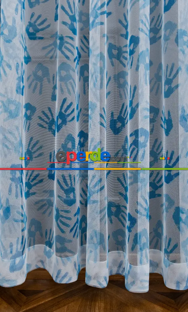 Hazır Ölçülü Petek Zemin Mavi Renkli Boyalı El Desenli Grek Baskılı Tül Perde 190cm X 255cm 
