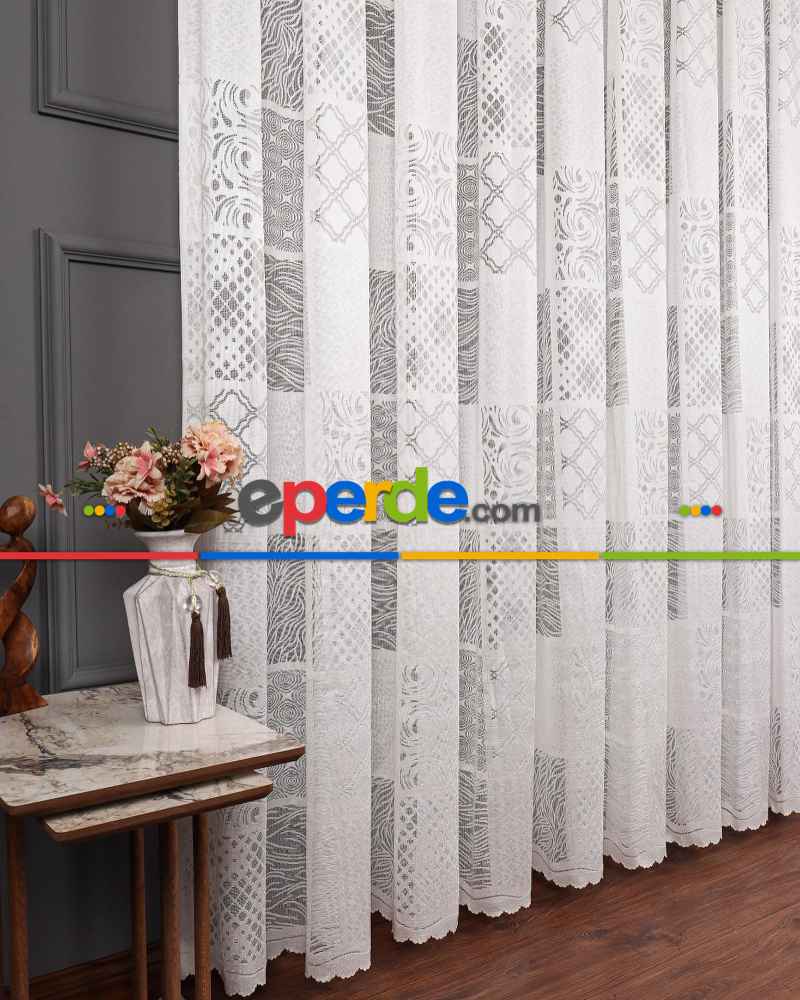 Tül Perde - Desenli Tül - Örme Tül - Patchwork Desen