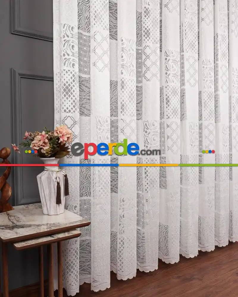 Tül Perde - Desenli Tül - Örme Tül - Patchwork Desen