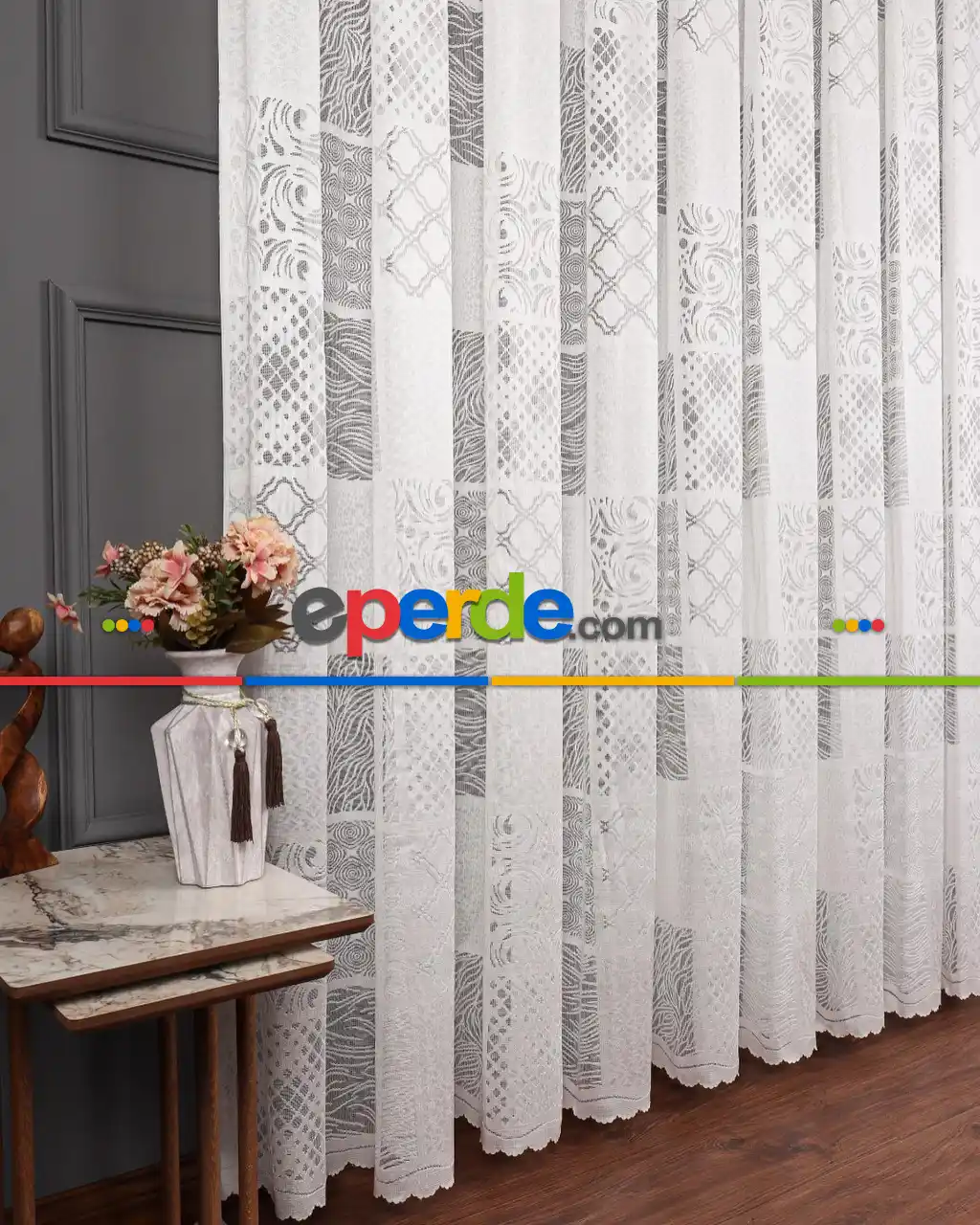 Tül Perde - Desenli Tül - Örme Tül - Patchwork Desen