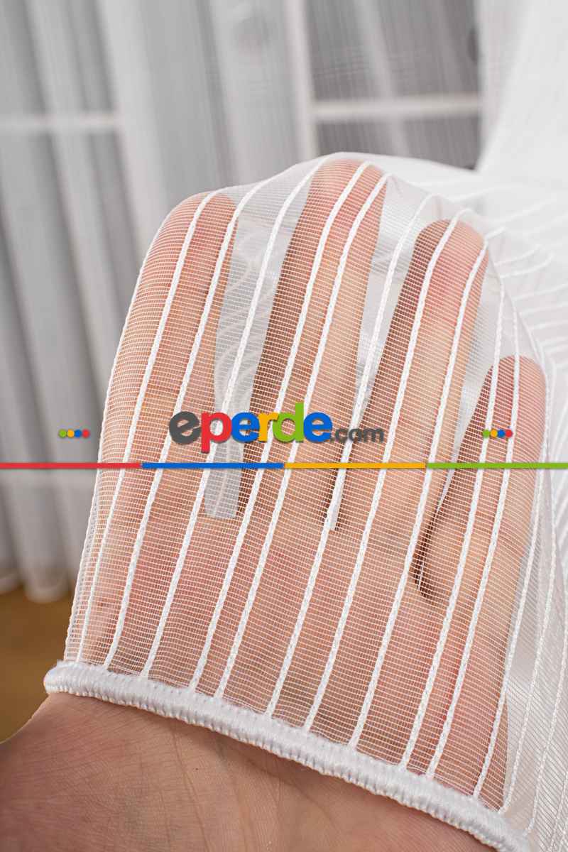 Mutfak - Zincir Çizgili Tül Perde - Ekru