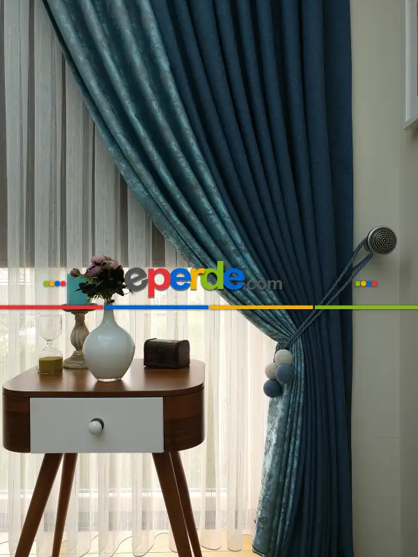 Mavi Lacivert Renk Kombinli Desenli Fon Perde- Lacivert-mavi