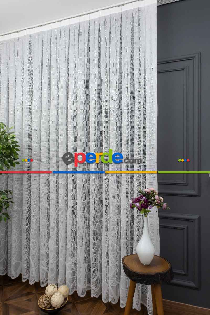 Salon - Dal Desenli Örme Tül - Ekru