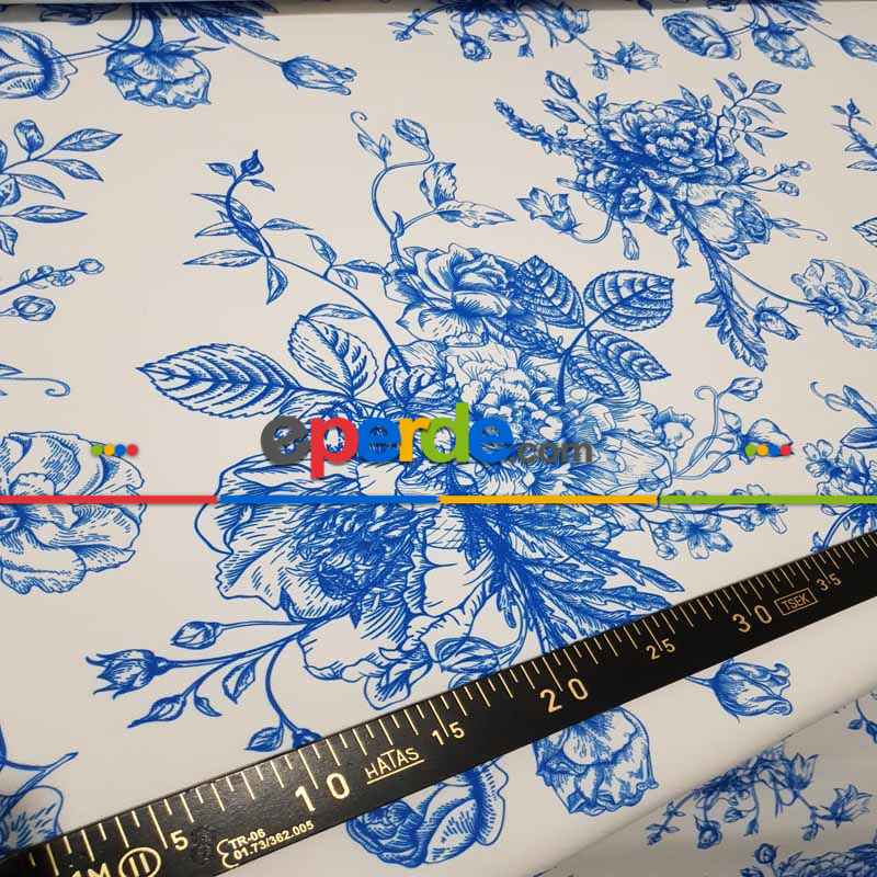 Mavi Mutfak Perdesi Kanat Fon Perde Çiçek Desenli- Lacivert