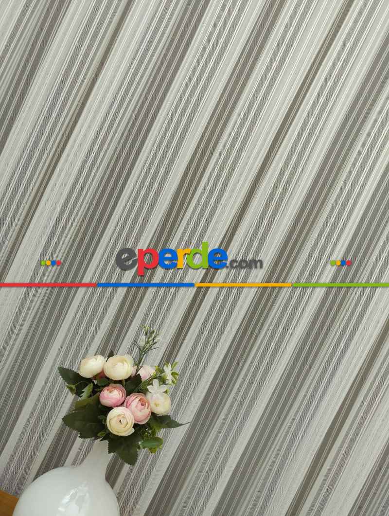 Çizgili Örme Jakarlı Tül Perde Kırık Beyaz