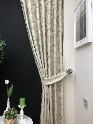 Krem Şal Desenli Jakar Fon Perde- Krem