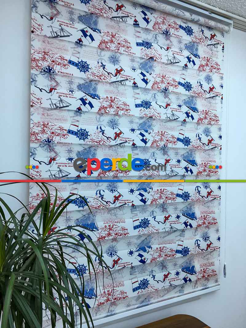 Çocuk Odası - Zebra Perde - Gemi Baskılı- Mavi