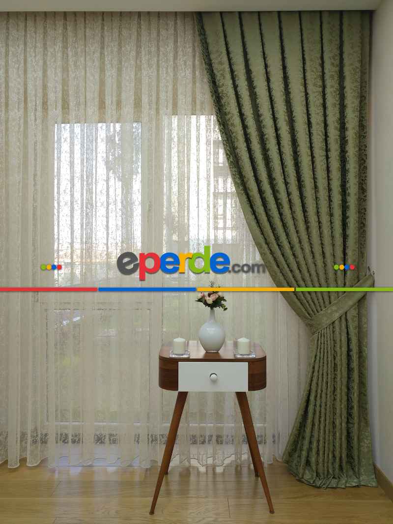 Yağ Yeşili Kendinden Desenli Jakar Fon Perde (285 En)- Açık Yeşil