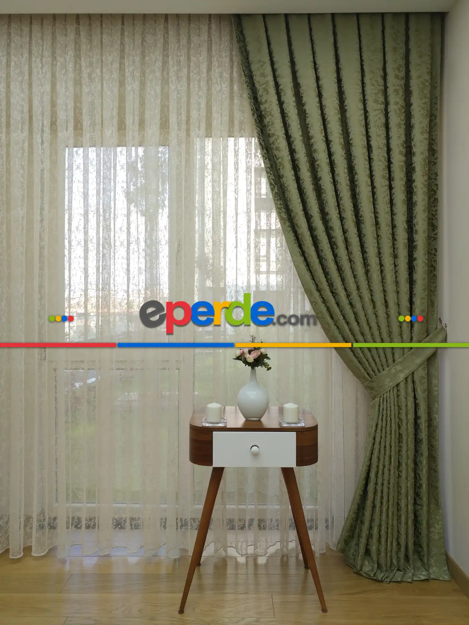 Yağ Yeşili Kendinden Desenli Jakar Fon Perde (285 En)- Açık Yeşil