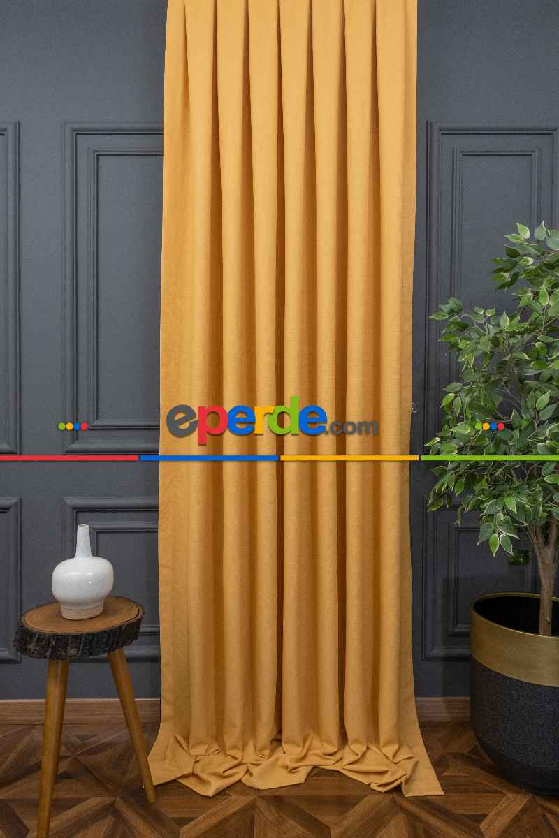 Oturma Odası Keten Sarı Renk Düz Fon Perde- Hardal