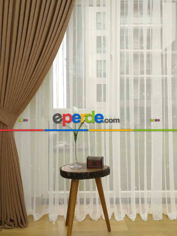 Saon Perdesi - Açık Kahve Düz Fon Perde Dökümlü Birinci Kalite 300 Cm Geniş En Daha Hesaplı- Açık Camel