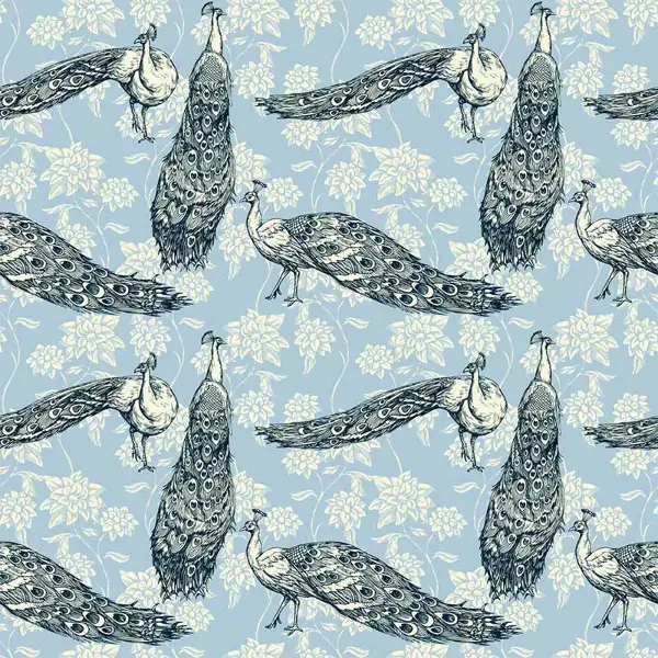 Tavuskuşu Desenli Fon Perde Evm709 Kumaşı Kalındır Duck Bezi Değildir- Siyah-Beyaz-Mavi Açık