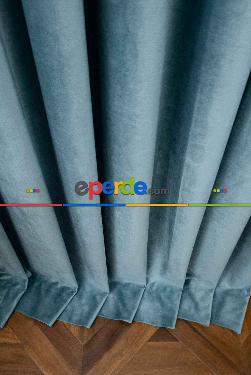 Yatak Odası - İthal Kadife Fon Perdelik Geniş Enli ( Turkuaz)