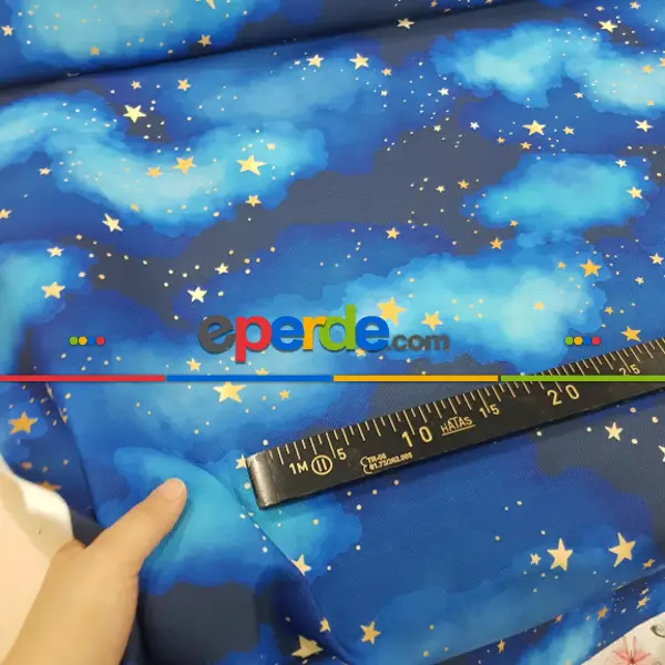 Bebek Odası Fon - Yıldız Ve Gece Desenli Fon Perde Evm678 Kumaşı Kalındır Duck Bezi Değildir- Mavi