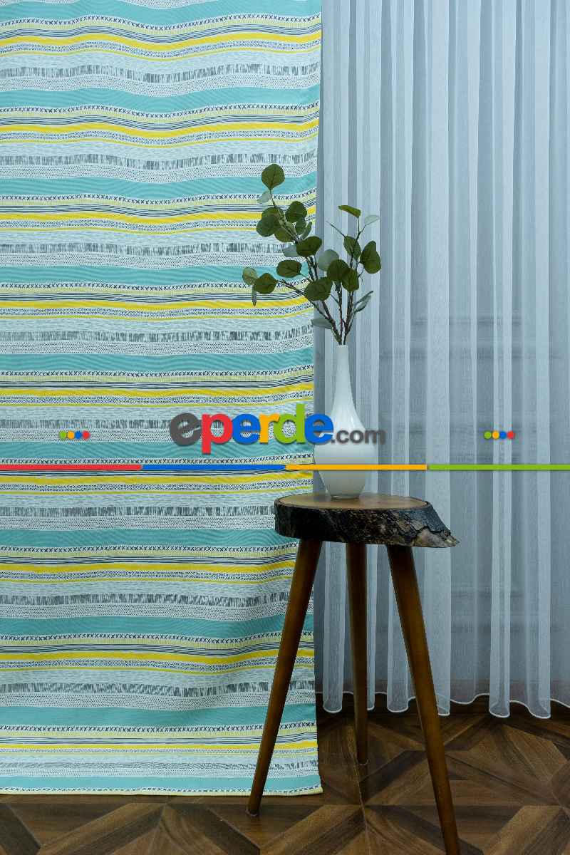 Çocuk Odası Desenli Fon Perde Kumaşı Kalındır Duck Bezi Değildir- Sarı-Beyaz-Mavi Açık