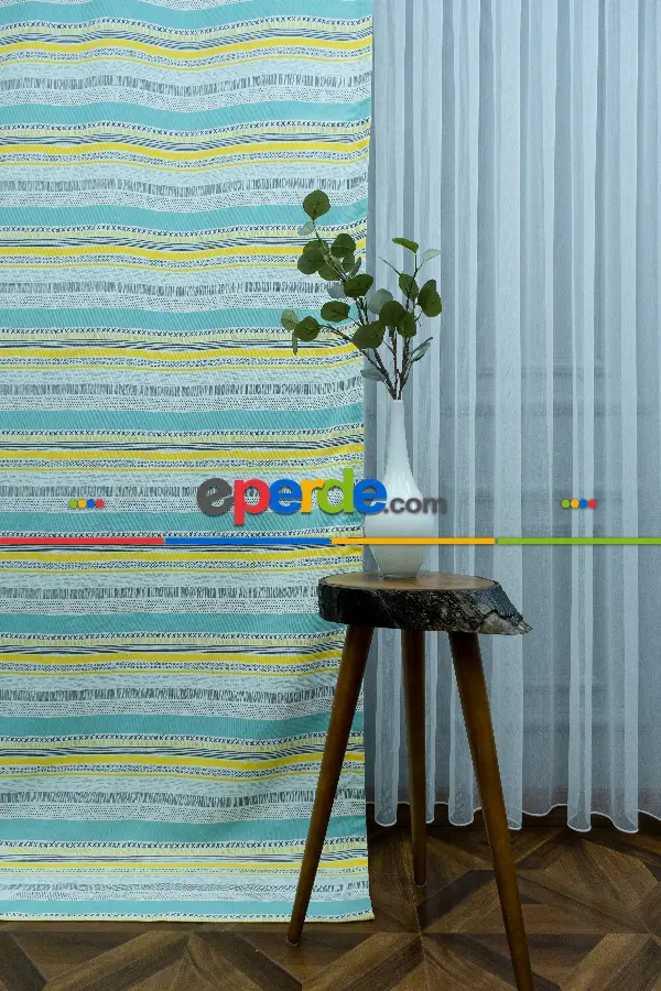 Çocuk Odası Desenli Fon Perde Kumaşı Kalındır Duck Bezi Değildir- Sarı-Beyaz-Mavi Açık