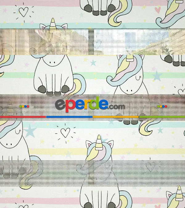 Unicorn Desenli Baskılı Zebra Perde- Çok Renkli