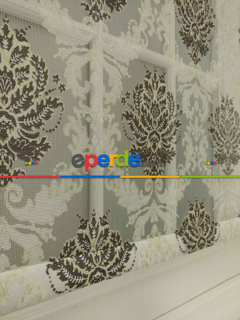 Salon - Yakma Tül Stor - Çiftli Sistem Desenli Perde (burn Out)- Kahve-açık Vizon