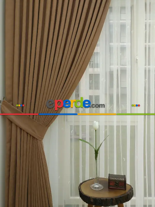 Saon Perdesi - Açık Kahve Düz Sade Fon Perde (  Dökümlü Fon )- Acı Kahve