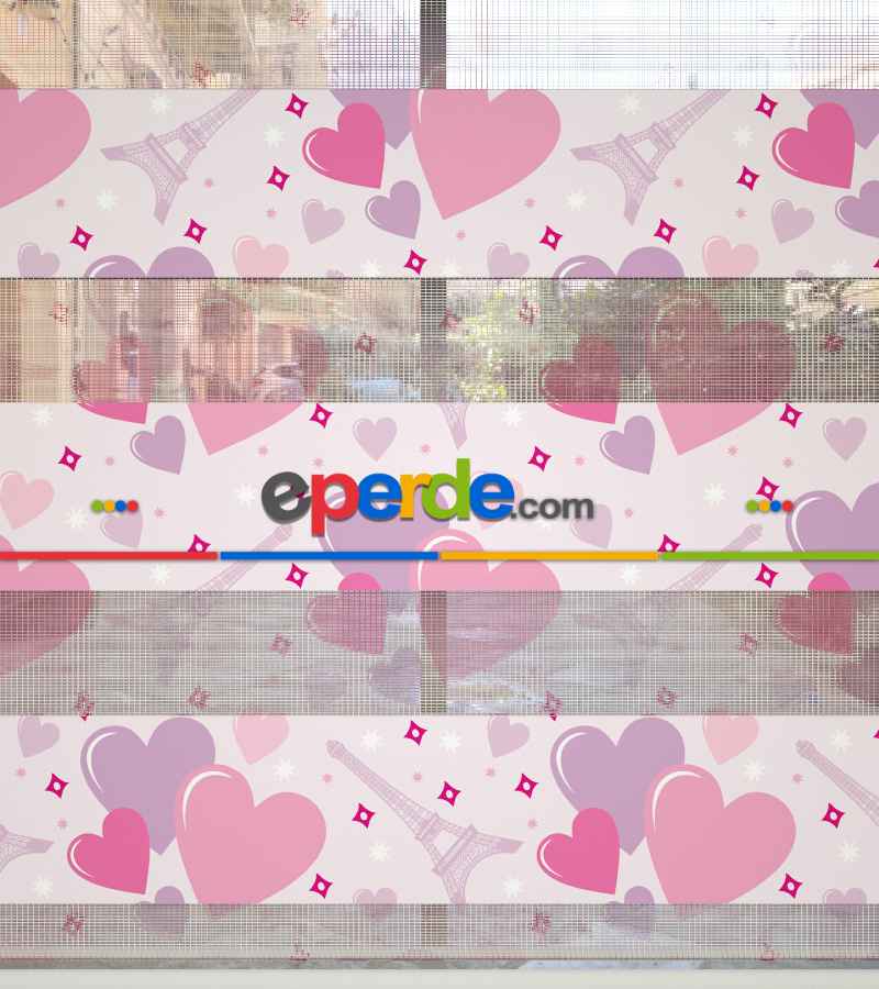 Çocuk Odası Zebra - Kalp Desenli Baskılı Zebra Perde- Pembe