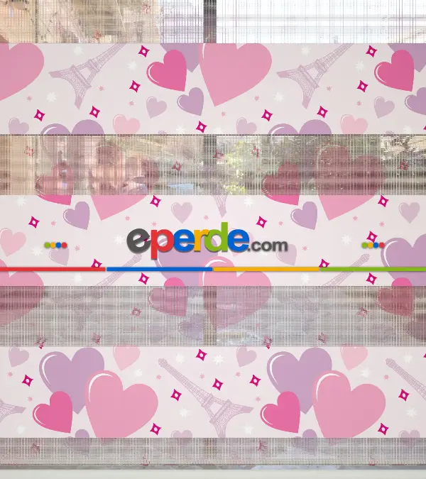 Kalp Desenli Baskılı Zebra Perde- Pembe