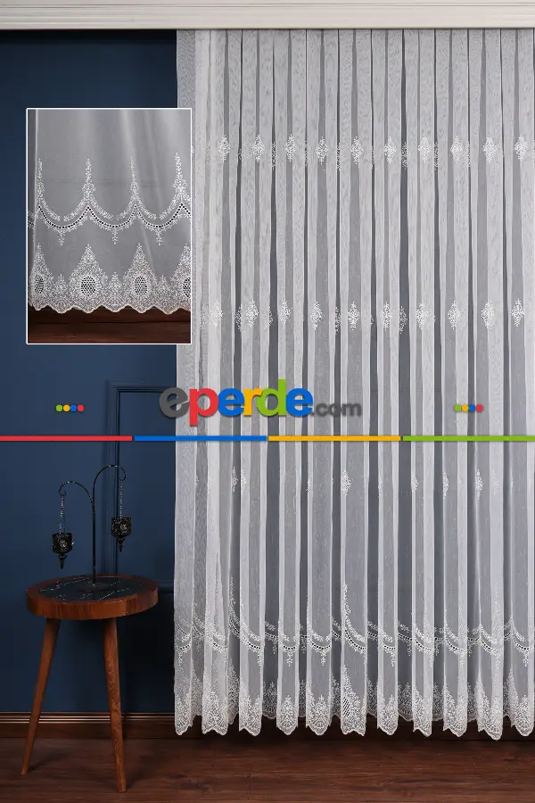 Salon Tül - Kolye Tt Zemin Brode Nakış İşlemeli Tül Perde