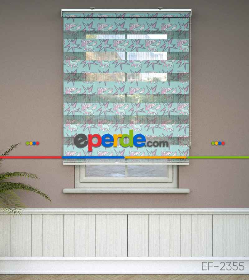 Unicorn Desenli Baskılı Zebra Perde- Çok Renkli