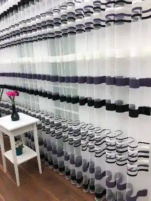 Enine Çizgili Bantlı Spor Tül Perde- Siyah-mor-ekru - Kurşunlu Tül