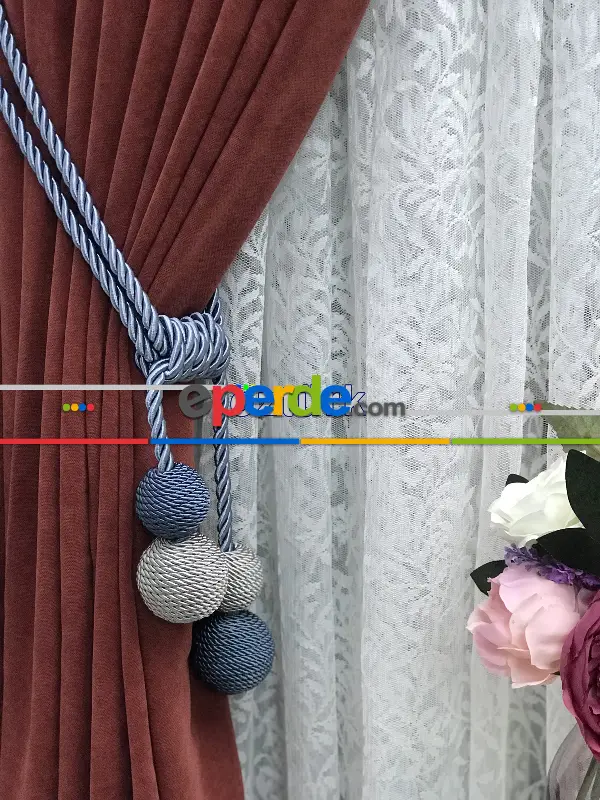 Kordon Sarım Özel Fon Perde Bağı Çift Toplu Petrol Mavi Gri- Gri-füme-antrasit-petrol Mavisi