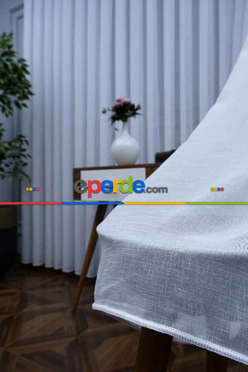 Yatak Odası - Beyaz Keten Tül Perde - 1710-v01- Beyaz