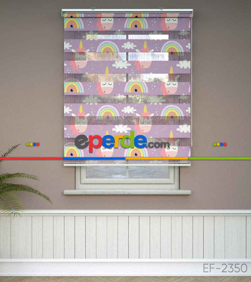 Unicorn Desenli Baskılı Zebra Perde- Çok Renkli