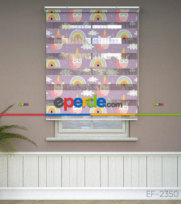 Unicorn Desenli Baskılı Zebra Perde- Çok Renkli