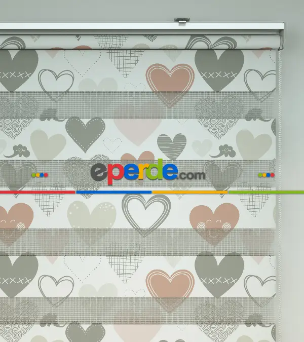 Kalp Desenli Baskılı Zebra Perde- Çok Renkli