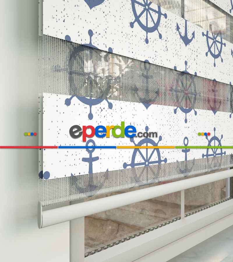 Çocuk Odası Zebra Perde - Dümen Ve Çapa Baskılı Zebra Perde- Mavi-Beyaz