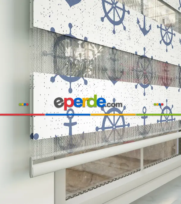 Bebek Odası Zebra Perde - Dümen Ve Çapa Baskılı Zebra Perde- Mavi-Beyaz