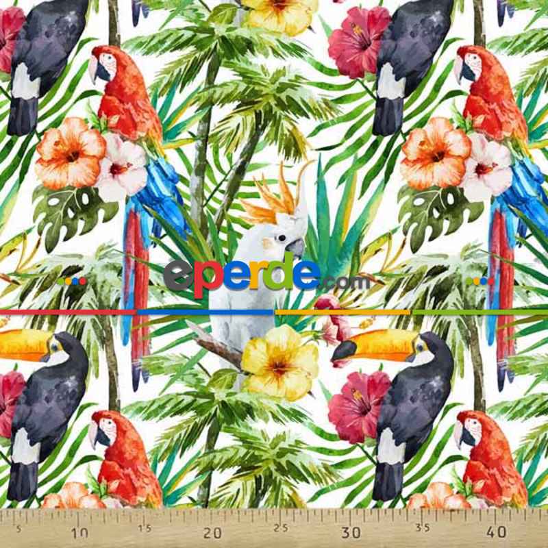 Tropikal Desenli Fon Perde K485 T - Kumaşı Kalındır Duck Bezi Değildir.- Yeşil-Çok Renkli