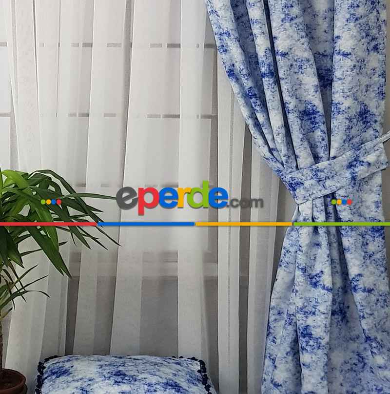 Ikat Desenli Fon Perde Evm1508 Kumaşı Kalındır Duck Bezi Değildir- Mavi