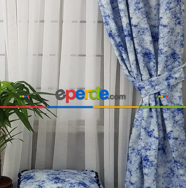 Ikat Desenli Fon Perde Evm1508 Kumaşı Kalındır Duck Bezi Değildir- Mavi