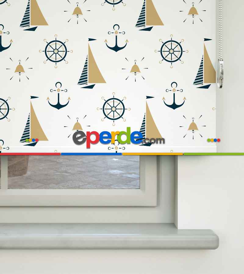 Çocuk Odası - Yelkenli Baskılı Stor Perde- Mavi-Beyaz-Hardal Sarısı