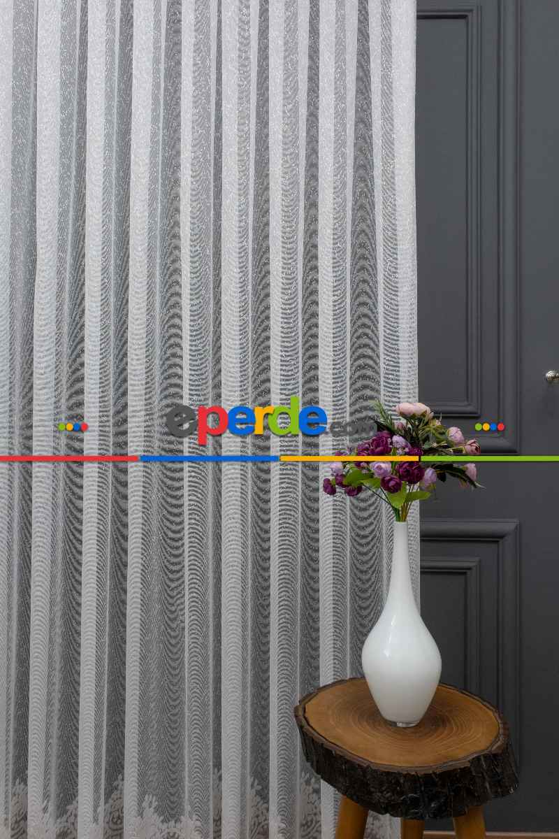 Oturma Odası - Etek Ucu Damask Desenli Örme Tül - Ekru