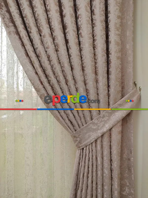 Yatak Odası - Pudra Duz Jakar Fon Perde - Pudra