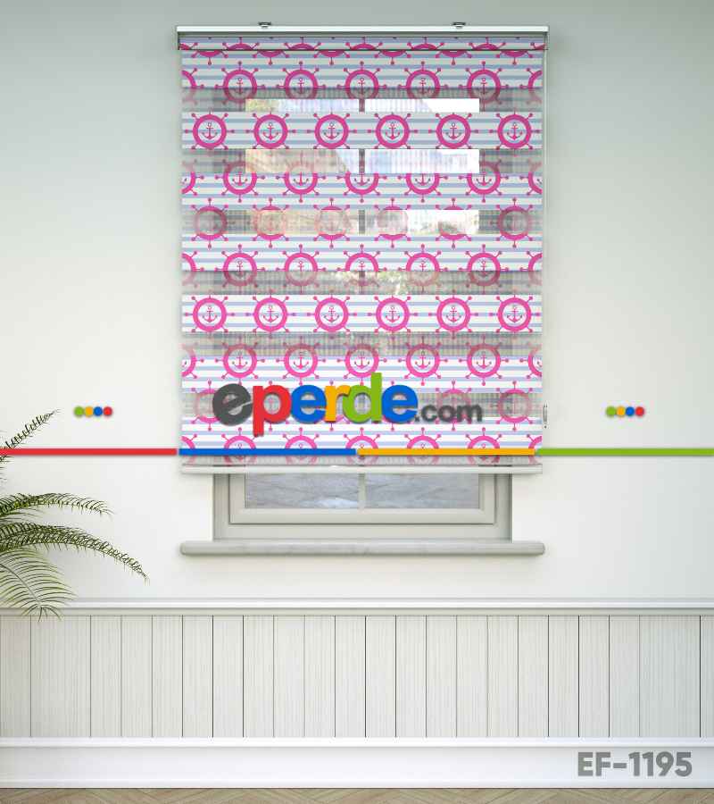 Bebek Odası Zebra Perde - Çapa Baskılı Zebra Perde- Mavi-Beyaz-Pembe