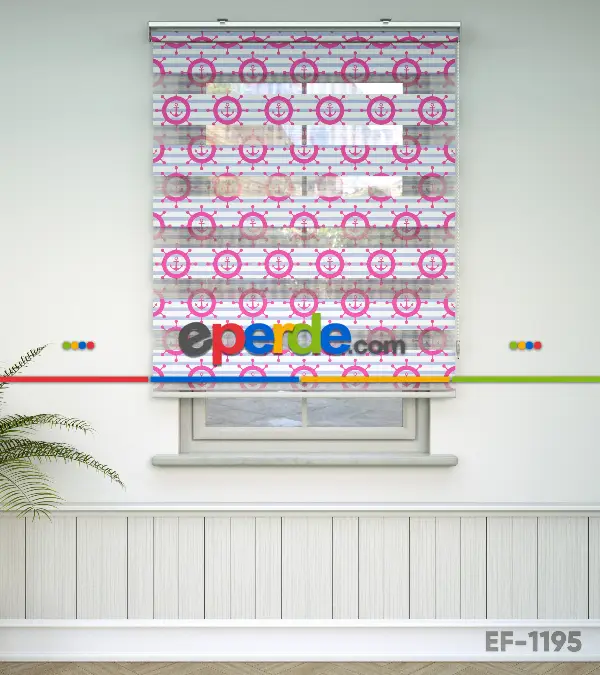 Bebek Odası Zebra Perde - Çapa Baskılı Zebra Perde- Mavi-Beyaz-Pembe